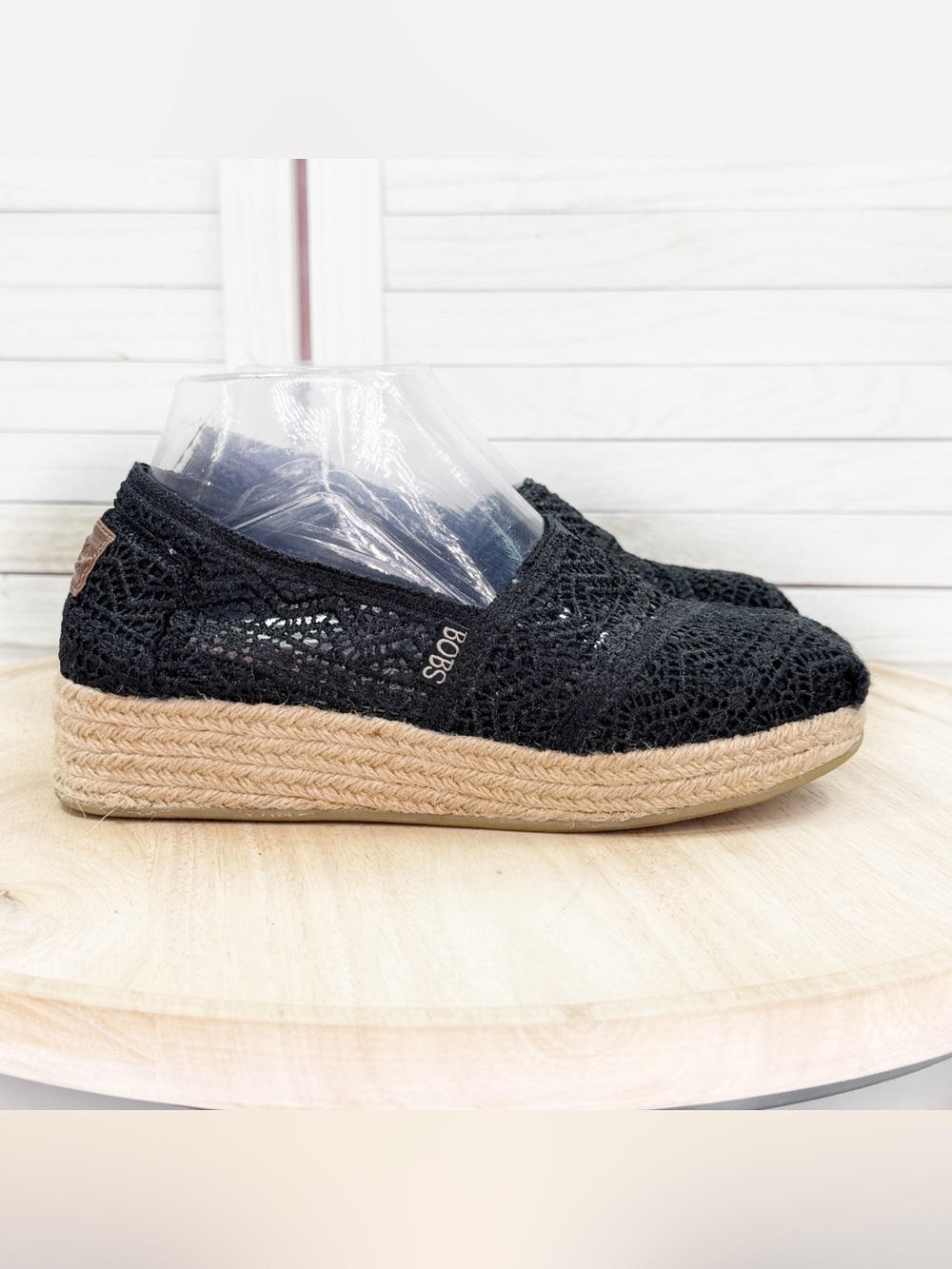 Bobs by Skechers Crochet Lace Wedge Espadrille Platform Slip On Shoes Black 7.5